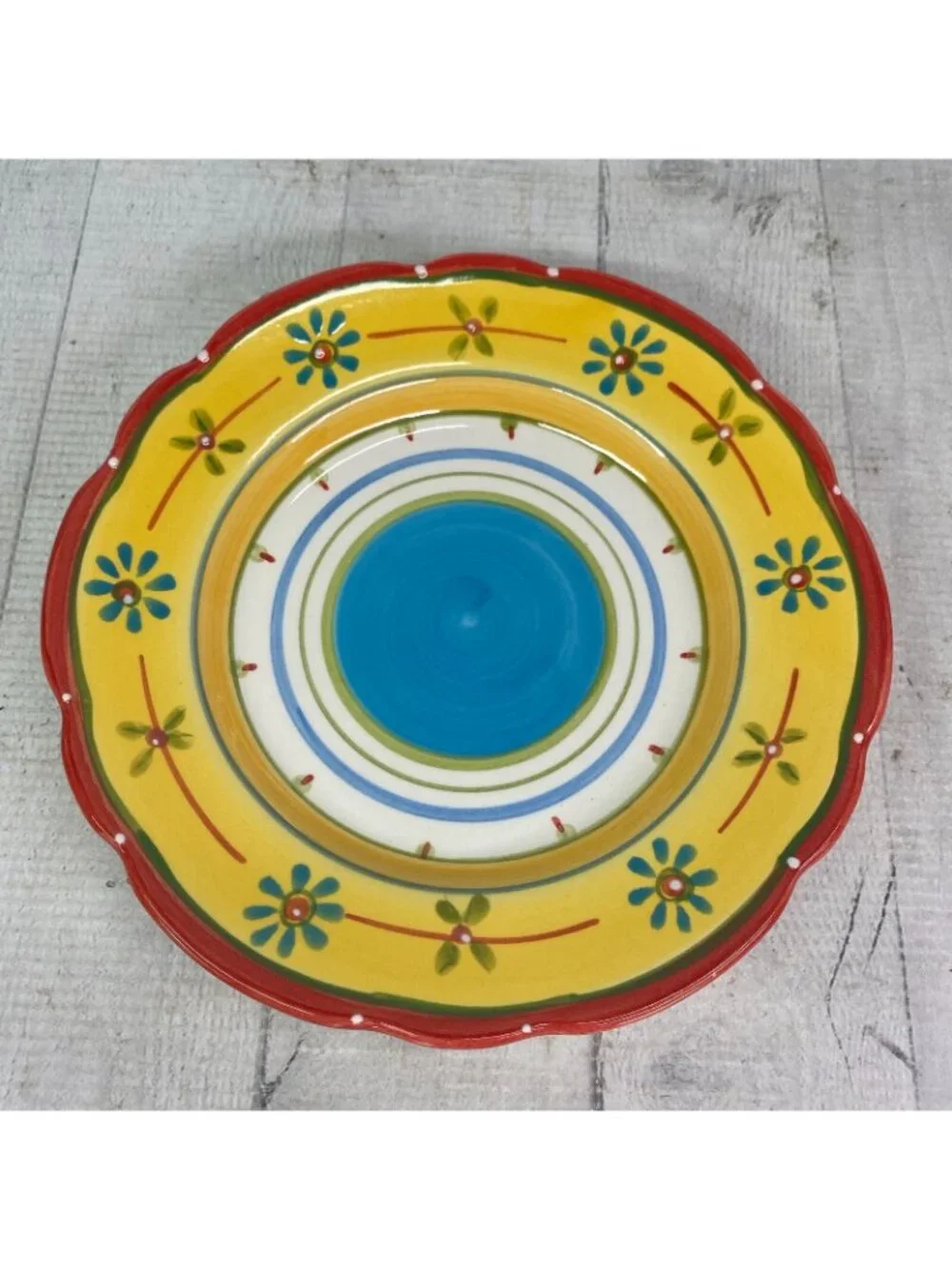 Culinary Arts PETIT JARDIN Yellow Blue Flower Scallop Ceramic Salad Plate Set 4